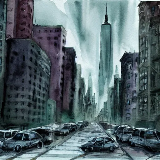 Prompt: post apocalyptic new york city. watercolor. highly detiled. spooky atmosphere.