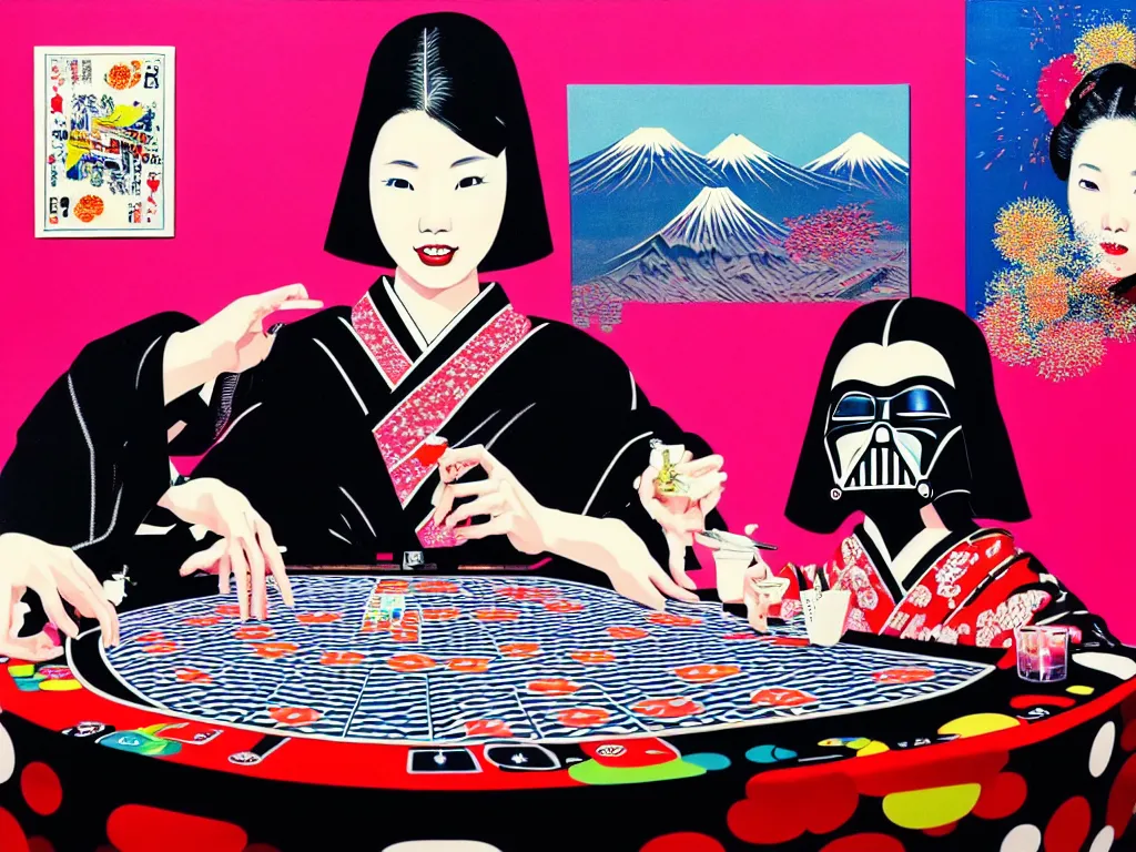 Image similar to hyperrealistic composition of the detailed woman in a japanese kimono sitting at a extremely detailed poker table with hyperdetailed darth vader, fireworks, mountain fuji on the background, pop - art style, jacky tsai style, andy warhol style, acrylic on canvas