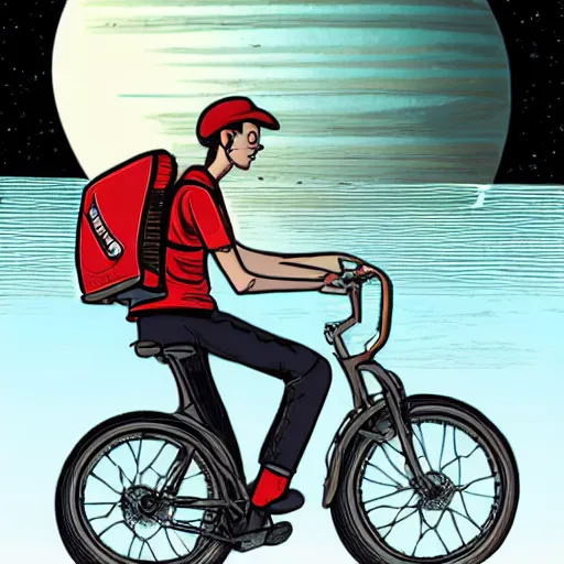 Image similar to a food delivery cyclist with oversized box shaped backpack cycling around the rings of saturn, laurie greasley