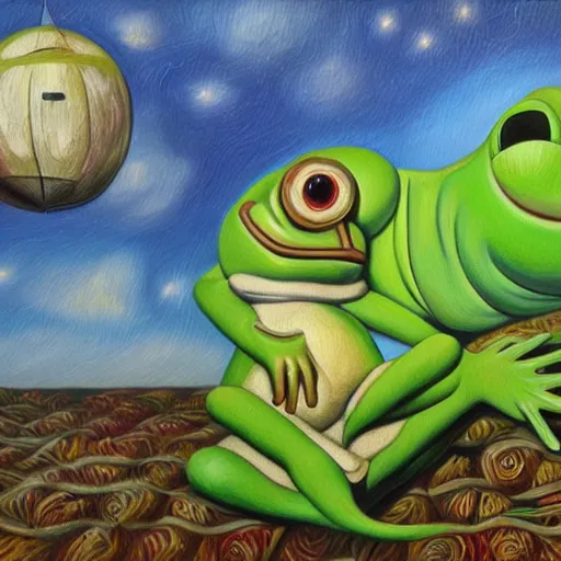 Image similar to pepe frog dream, oil on canvas, surrealism