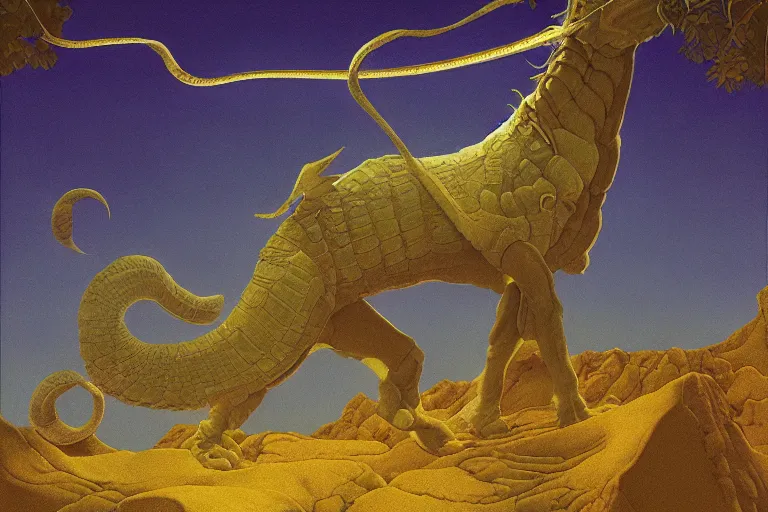 Image similar to fafnir, digital painting by maxfield parrish and michael whelan, photorealistic
