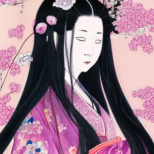 Prompt: portrait of the japanese moon princess kaguya hime with long flowing black hair wearing an ornate pink kimono with intricate floral patterns, touhou character illustration by ross tran, bo chen, toni infante, rebecca oborn, michael whelan, trending on artstation cgsociety hq