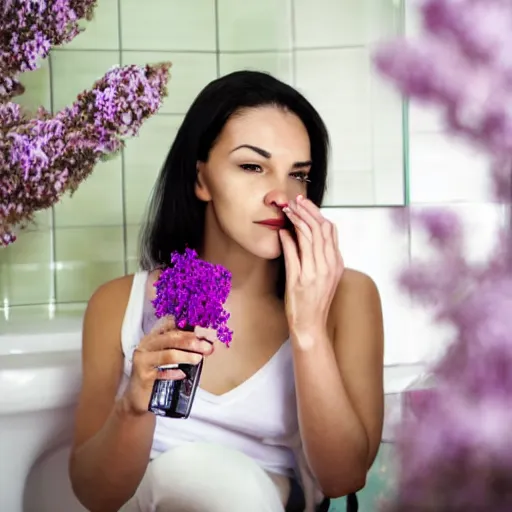 Prompt: a woman sitting in a bathroom drinking from a glass bottle with lilac flowers around her