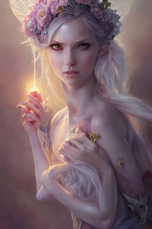 Image similar to fairy princess, highly detailed, d & d, fantasy, highly detailed, digital painting, trending on artstation, concept art, sharp focus, illustration, art by artgerm and greg rutkowski and magali villeneuve