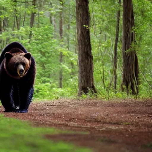 Image similar to a bear walking in the forrest. the bear is gigantic