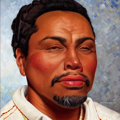 Prompt: close up portrait of a mexican man, brown skin, white background, dynamic lighting, ultra detailed, 4 k, illustration, by kehinde wiley, kadir nelson, paul gauguin