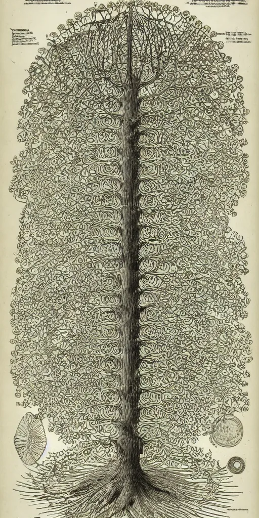 Image similar to Detailed Infographic Blueprint by Ernst Haeckel of a giant beautiful diatom tree