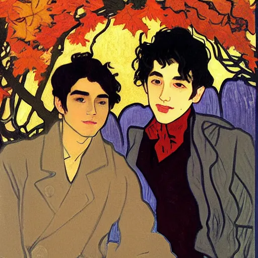 Image similar to painting of young cute handsome beautiful dark medium wavy hair man in his 2 0 s named shadow taehyung and cute handsome beautiful min - jun together at the halloween party, bubbling cauldron, candles, smoke, tarot, autumn colors, elegant, stylized, soft facial features, delicate facial features, art by alphonse mucha, vincent van gogh, egon schiele