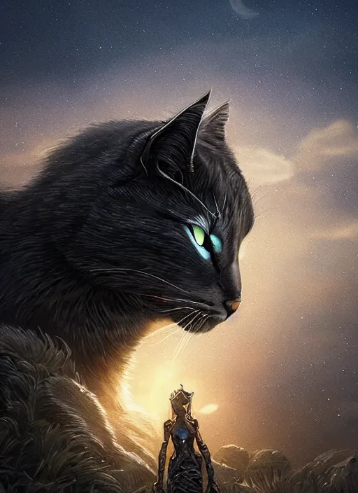 Prompt: giant cyborg cat on a dusky land, art by artgerm and greg rutkowski, cinematic shot, intricate, ornate, photorealistic, ultra detailed, trending artstaition, realistic, 1 0 0 mm, photography, octane, high definition, depth of field, bokeh, 8 k