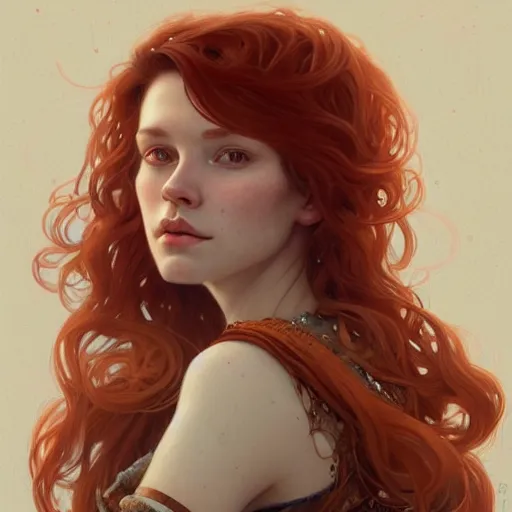 Image similar to A full portrait of Nordic female, 30 years old, brown red long hair, intricate, elegant, highly detailed, digital painting, artstation, concept art, smooth, sharp focus, illustration, art by Krenz Cushart and Artem Demura and alphonse mucha