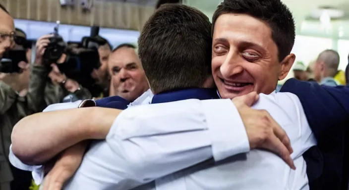 Prompt: vladimir zelensky hugging vladimir putin