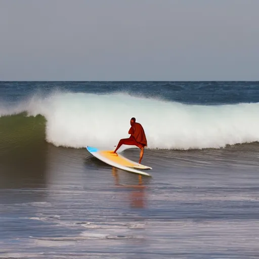 Image similar to Photograph of a zen monk surfing a giant wave on a summer day, natural light, telephoto lens, 4k image, Canon EOS