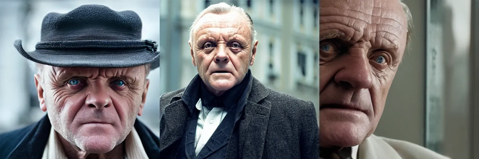 Prompt: close-up of Anthony Hopkins as a detective in a movie directed by Christopher Nolan, movie still frame, promotional image, imax 70 mm footage
