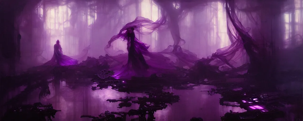 Prompt: purple heaven, intricate concept art, ethereal, ominous, dramatic lighting, Ruan Jia and Jeremy Mann and Alphonse Mucha