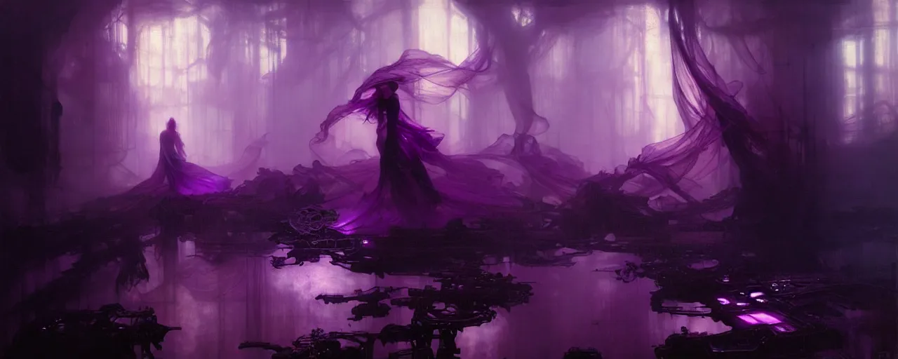 Image similar to purple heaven, intricate concept art, ethereal, ominous, dramatic lighting, Ruan Jia and Jeremy Mann and Alphonse Mucha