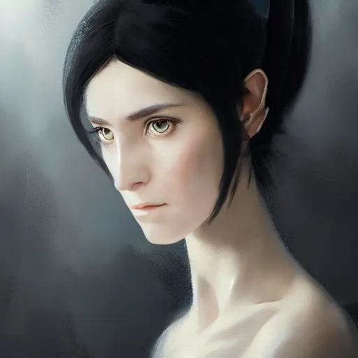 Image similar to portrait painting of female forest elf black hair, black dress, dramatic light, 8 k, by greg rutkowski, studio ghibli