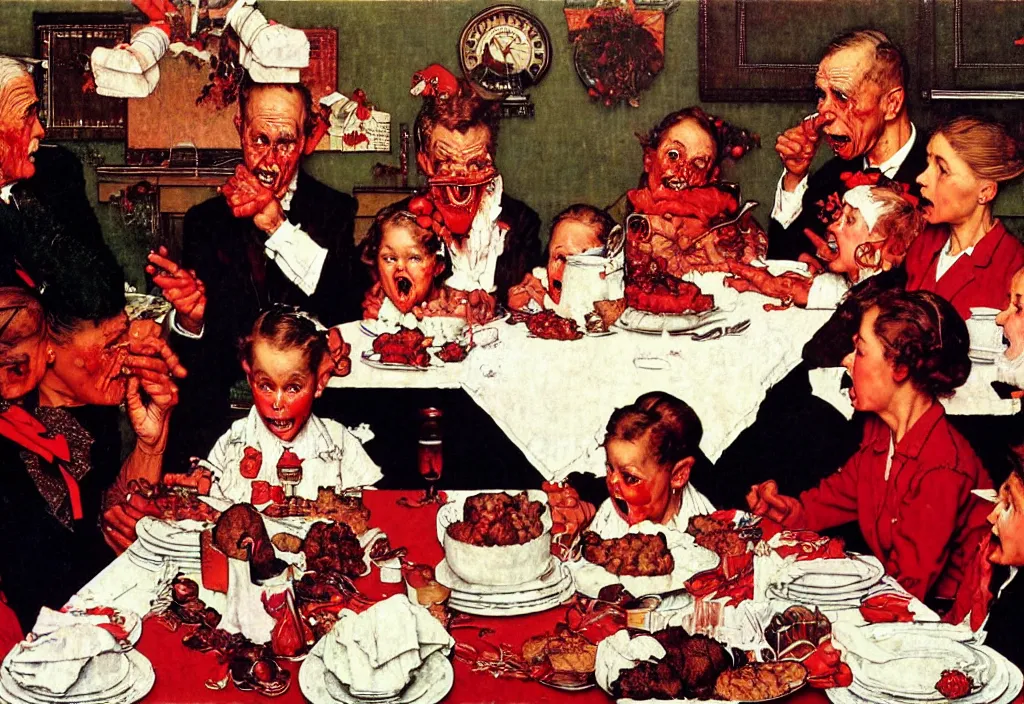 Prompt: A Norman Rockwell painting of a family losing their grip on reality during a Christmas dinner, horror, blood red, cosmic horror, cinematic, 8k