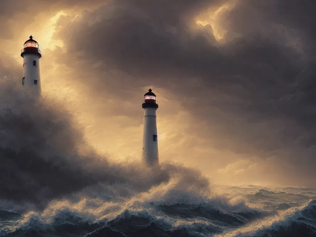 Image similar to A highly detailed matte oil painting of a lighthouse in a storm, crashing waves, hyperrealistic, cinematic, breathtaking, beautiful composition, Studio Ghibli, Artgerm, Dan Mumford, rossdraws, James Jean, beeple, volumetric lighting, octane render, 4K resolution, trending on artstation