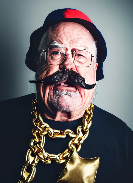 Prompt: dslr portrait photo still of!!! wilfred brimley!!! white mustache as a gangsta rapper with gold chains and gold teeth grills growling at camera, 8 k, 8 5 mm f 1. 8