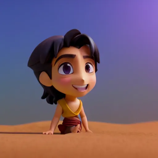 Image similar to profile view of young aladdin as nendoroid walking in a desert in the croods movie style, anime, disney, pixar, 8 k, hd, dof, kodak film, volumetric lighting, subsurface scattering, photorealistic, octane render, details