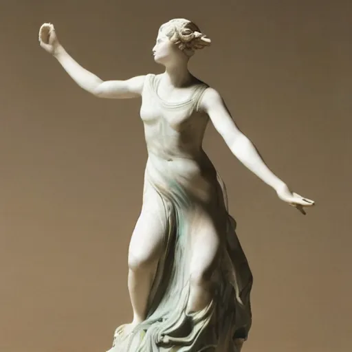 Image similar to a marble statue of a woman dancing, wearing a sweeping dress,