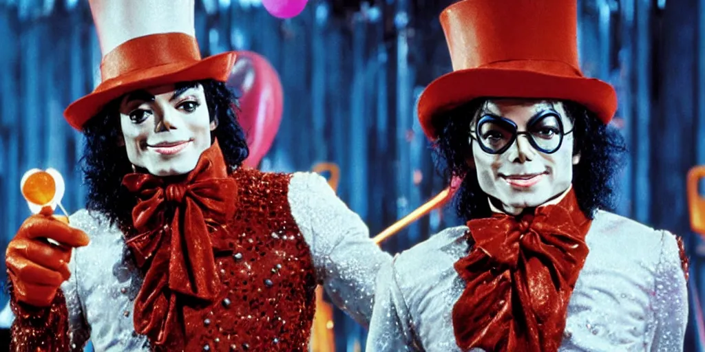 Prompt: Michael Jackson playing willy wonka in a warner bros movie, charlie and the choclate factory ultra realistic, 4K, movie still, UHD, sharp, detailed, cinematic, render, modern