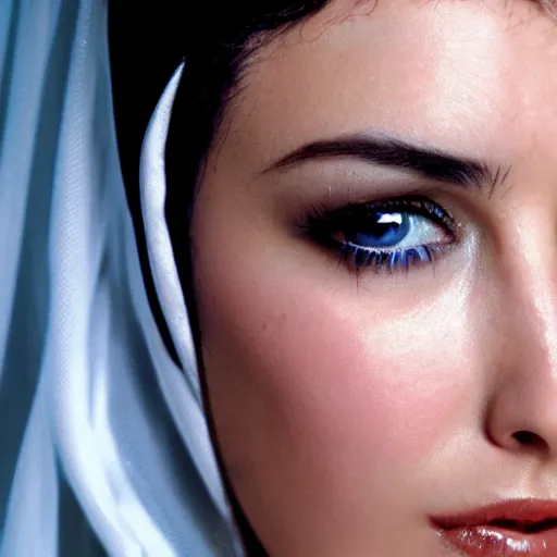 Prompt: young arab Monica Bellucci, blue eyes, long wavy black hair, white veil, closeup, focus, light makeup