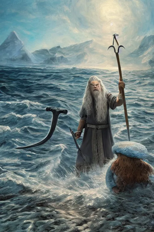 Image similar to gandalf attacks bikini bottom, oil on canvas, intricate, 8 k highly professionally detailed, hdr, cgsociety