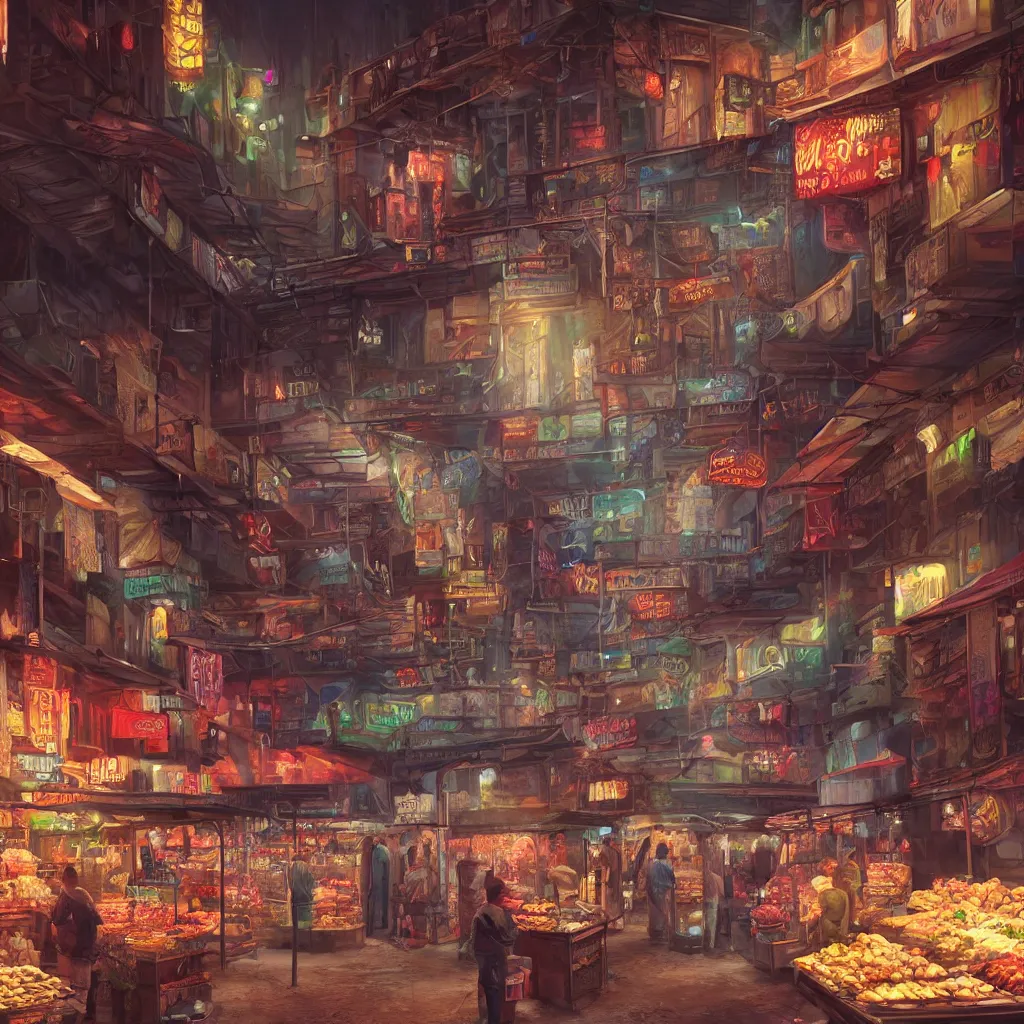 Prompt: A beautiful hyper realistic detailed matte painting of an alleyway market with dimmed neon lighting , trending on artstation, artstationHD, artstationHQ, unreal engine