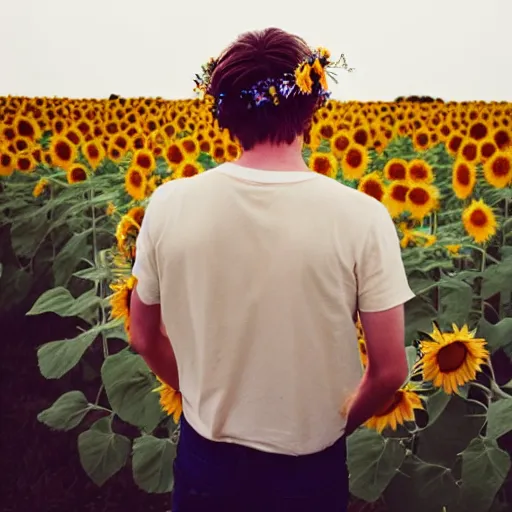 Image similar to kodak portra 4 0 0 photograph of a skinny blonde guy standing in field of sunflowers, back view, flower crown, moody lighting, telephoto, 9 0 s vibe, blurry background, vaporwave colors, faded!,