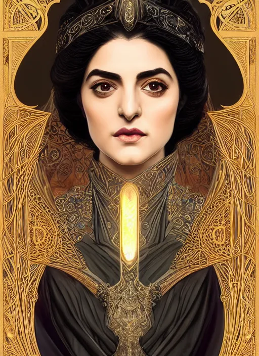 Image similar to centered portrait, Maya Ali as a D&D sorcerer, black hair, intricate robes, Art Nouveau, beautiful retro Fantasy heroine 1985, intricate, elegant, highly detailed, centered, digital painting, trending on artstation, concept art, smooth, sharp focus, illustration, art by raphael lacoste, eddie mendoza, Mucha, alex ross, WLOP