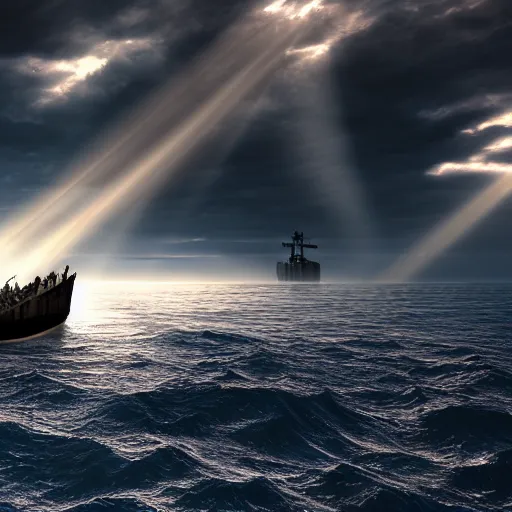 Image similar to a ship sinking in the ocean with poseidon watching, concept art, moody, god rays, atmospheric, 8 k render