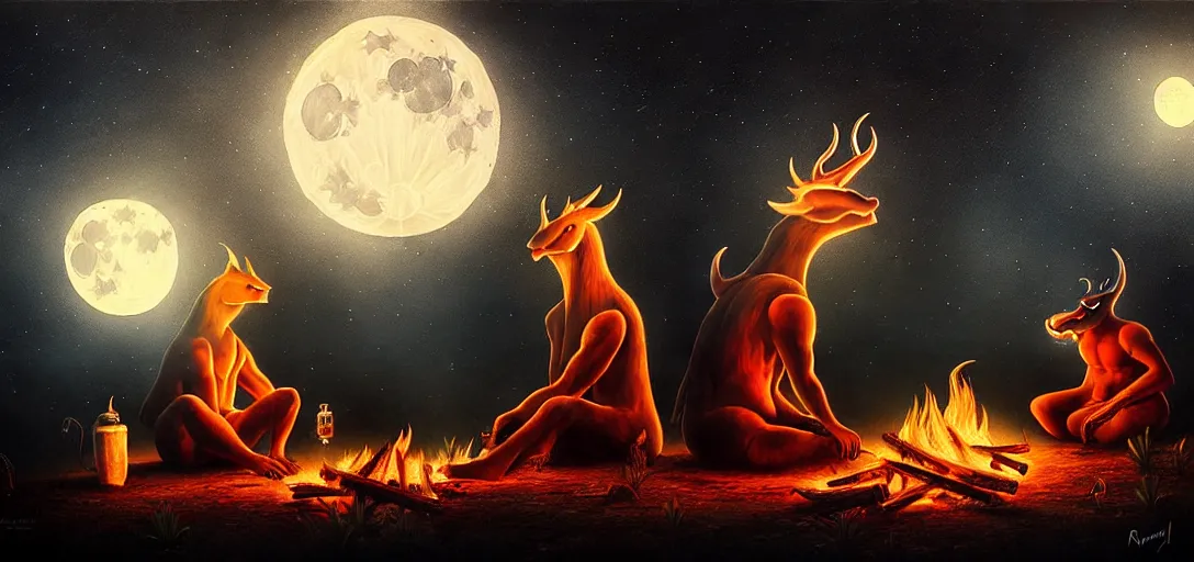 Image similar to strange mythical beasts of sitting around a fire under a full moon, surreal dark uncanny painting by ronny khalil