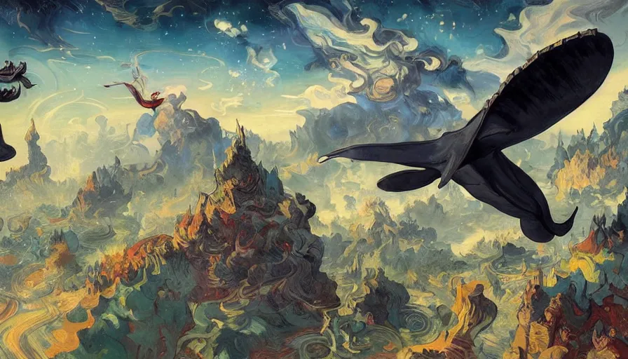 Image similar to man flying silhouette overlooking a multiversal otherworldly realm with flying whale with chic streets and shops and lush volcanic garden and intricate luxurious scifi homes, allegorical style, by peter mohrbacher, jeremy mann, francoise nielly, van gogh, ross tran, beautiful, award winning scenery, clean details, serene