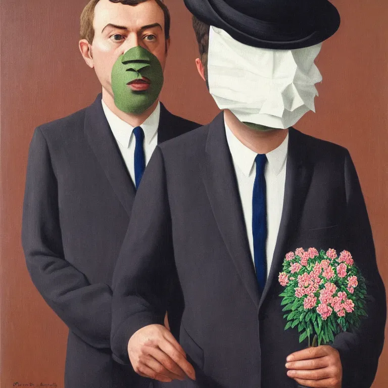 Image similar to portrait of man in a suit with flowers hiding his face by rene magritte, detailed painting, hd, hq, high resolution, high detail, 4 k, 8 k