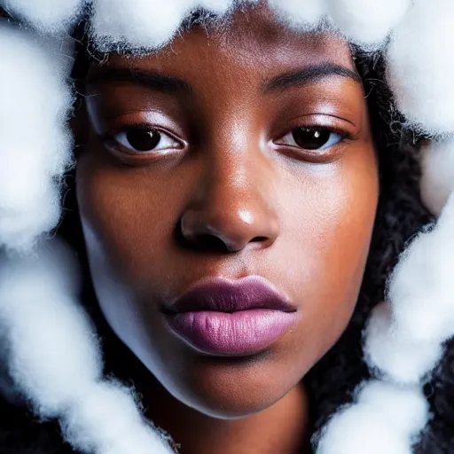 Prompt: photorealistic portrait of black girl model, close up, staring directly at camera with gazing eyes, furry cotton balls in air, natural lighting, blurry background, shot on iphone 1 3 pro