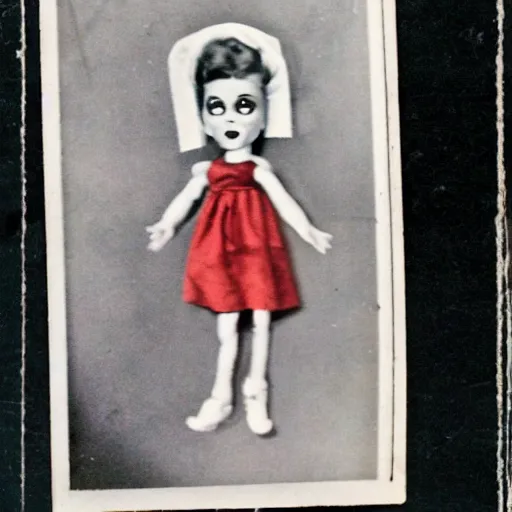 Image similar to 1 9 5 0 s, evil dolls jump scaring, doll phobia, horror, polaroid,