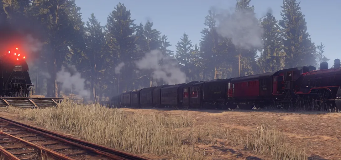 Prompt: A train in red dead redemption 2, screenshot, high quality image, widescreen, in-game engine, 8k, octane render, by greg rutkowski