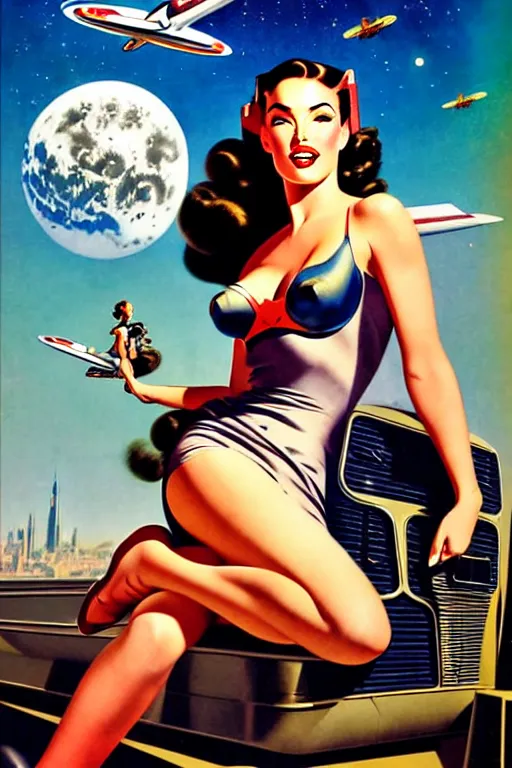 Image similar to beautiful retro space megan fox varga girl sitting on a rocket in diesel punk city, windblown dark hair, retro pinup model, seductive, 1 9 4 0, glamour pose, intricate, smoke, hyper detailed, digital art, smooth, sharp focus, alberto vargas, gil elvgren, greg rutkowski, propaganda poster