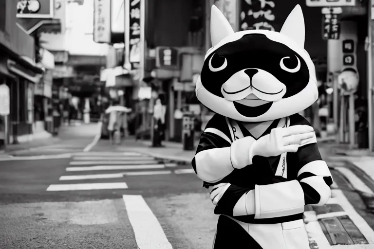 Image similar to still photo of a japanese anime mascot on the street, black and white color aesthetic, highly detailed, photorealistic portrait, bright studio setting, studio lighting, crisp quality and light reflections, unreal engine 5 quality render