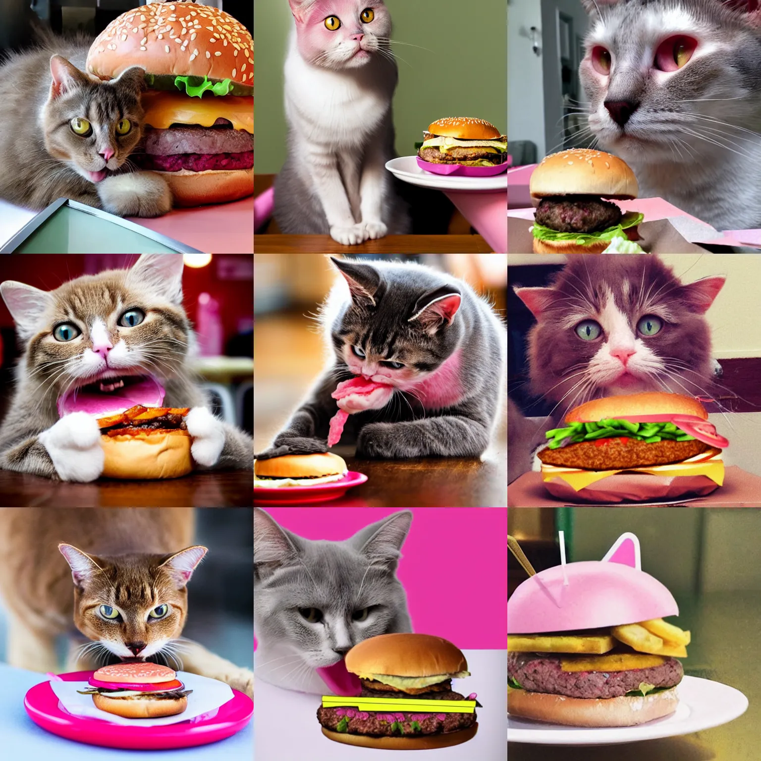 Prompt: a pink cat eating a burger, realistic photo