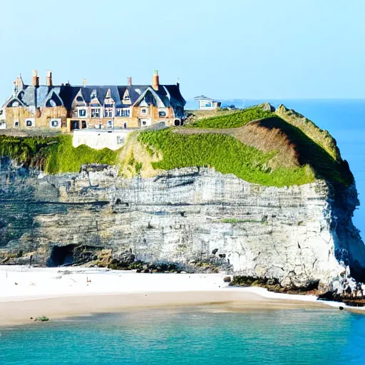 Prompt: a picture of a huge seaside cliff with a beach at the bottom, and small bronen huts in the beach, and a huge mansion on the top of the cliff