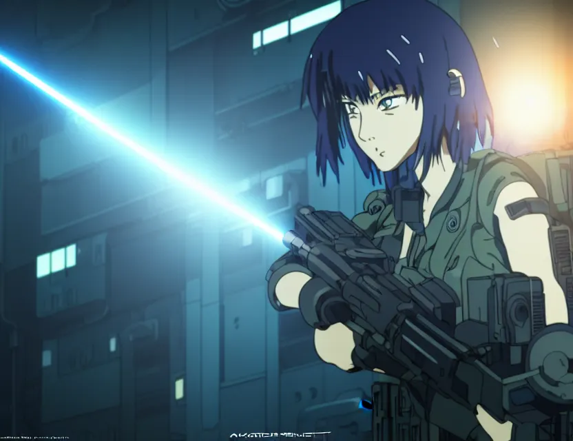 Prompt: action scene, female cyberpunk soldier shooting laser at a large tank, symmetrical faces and eyes symmetrical body, Kyoto animation, Ghost in the Shell, Madhouse anime studios Black Lagoon Perfect Blue, Jormungand anime, studio lighting, manga, bright colors, beautiful, 35mm lens, vibrant, high contrast