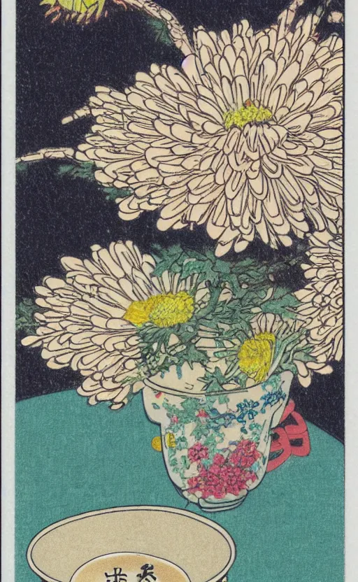 Prompt: by akio watanabe, manga art, chrysanthemum inside sake cup top of japanese table, trading card front