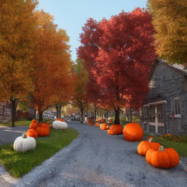 Prompt: small new england colonial city street with shops and pumpkins, maple trees with fall foliage, new hampshire mountain, stone walls, volumetric, realistic, cinematic lighting, ray tracing, unreal engine 5, octane render, hyper realistic, photo, 8 k