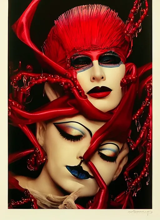 Image similar to an 8 0 s portrait of a woman with dark eye - shadow and red lips with dark slicked back hair, a mask made of wire and beads, dreaming acid - fueled hallucinations by serge lutens, rolf armstrong, delphin enjolras, peter elson, red cloth background