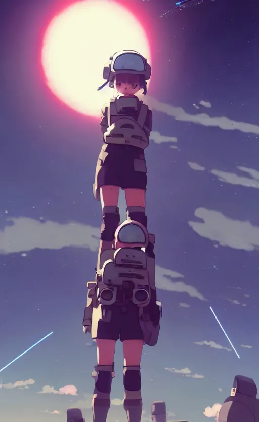 Prompt: a cute pilot girl with piston engines around legs, dogfighting a ufo with lasers, black sky background, battlefield landscape, illustration concept art anime key visual trending pixiv fanbox by wlop and greg rutkowski and makoto shinkai and studio ghibli and kyoto animation, soldier clothing