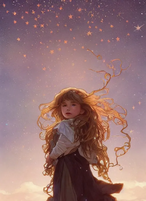 Image similar to A cute little girl with shoulder length curly brown hair. She is standing in a field at night looking up and the sky is filled with constellations. beautiful fantasy art by By Artgerm and Greg Rutkowski and Alphonse Mucha, trending on artstation.