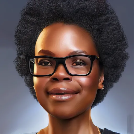 Prompt: VP of Marketing, cute and confident middle aged black woman, fit and witty frameless glasses and natural hair, highly detailed, digital painting, trending on artstation, concept art, sharp focus, illustration, face by wlop art by artgerm and greg rutkowski and magali villeneuve and tom bagshaw