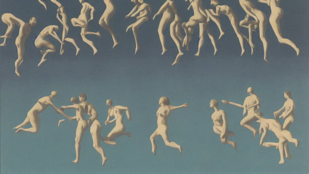 Image similar to A vintage scientific illustration from the 1970s of humans in a line endlessly jumping into a lake by René Magritte